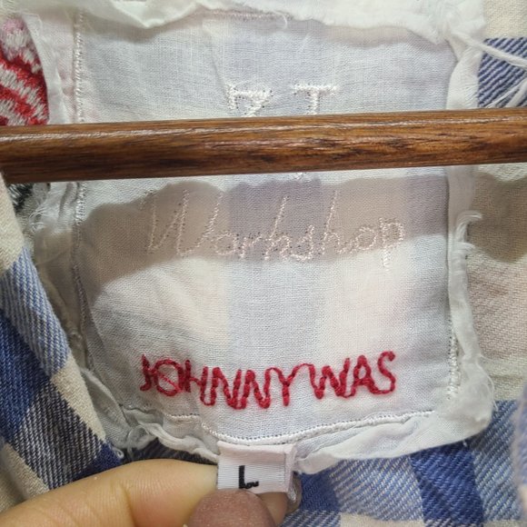 Johnny Was Blue Plaid Embroidered Top with Butterflies - Picture 8 of 9